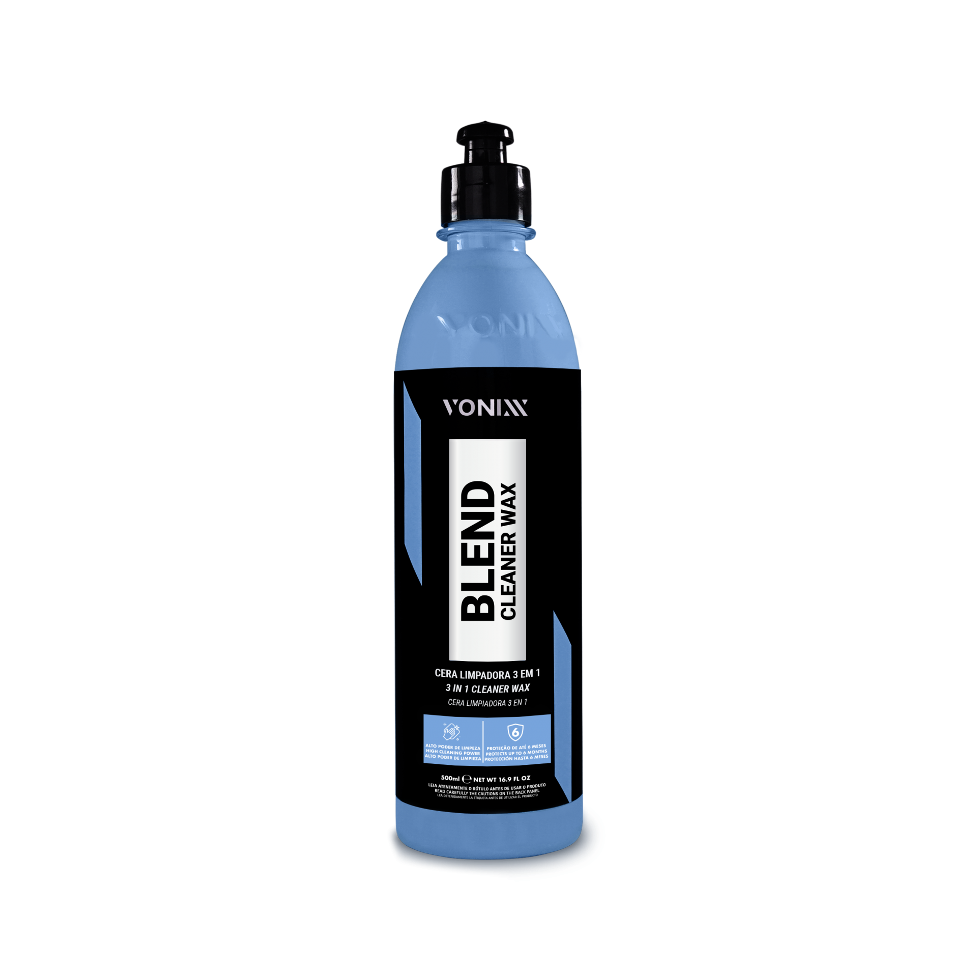 Frasco azul de cera limpaadora Vonixx Blend Cleaner Wax com rótulo preto e azul