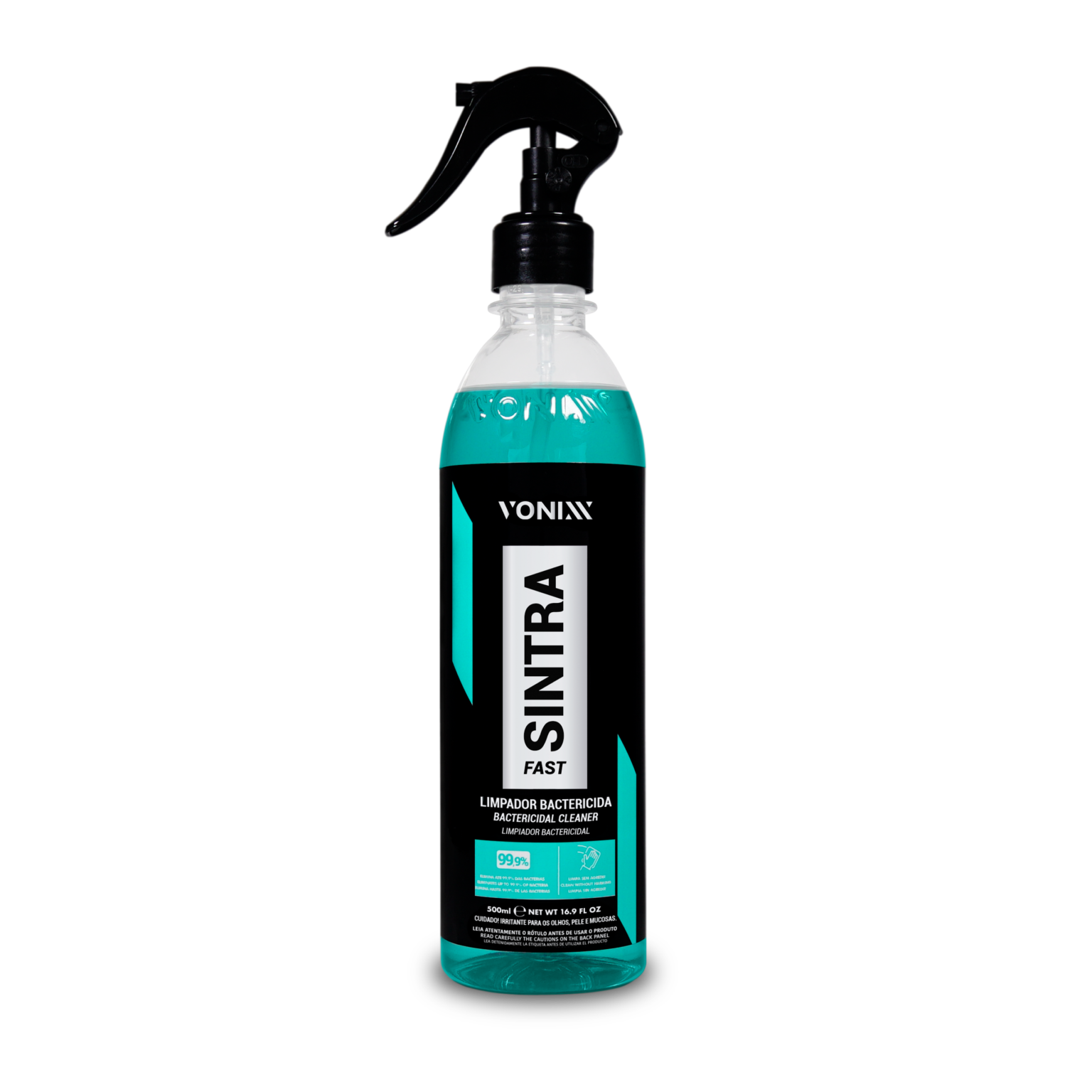 Frasco de spray transparente com líquido azul e rótulo preto e branco