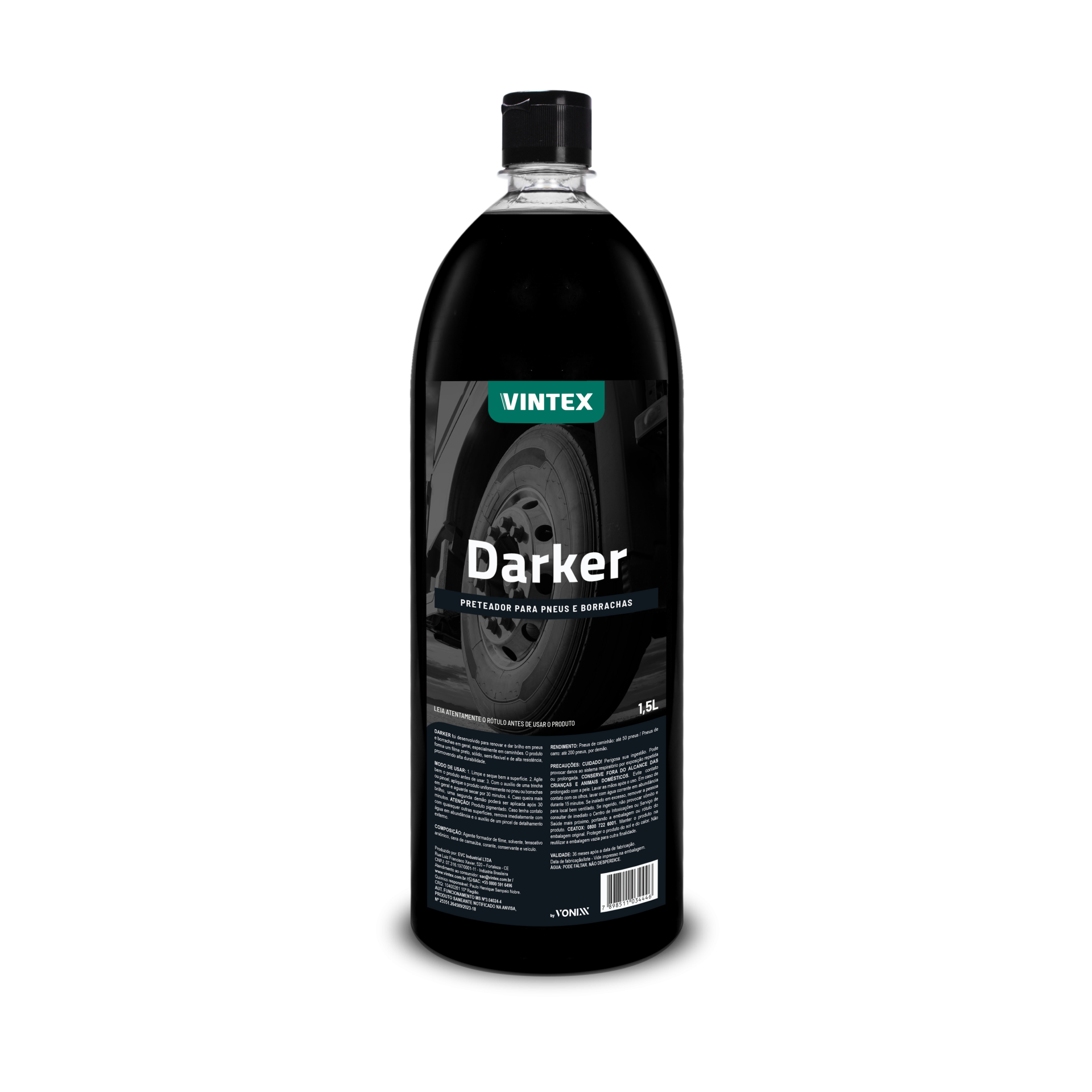 Frasco plástico preto com etiqueta preta e azul do produto VINTEX Darker para pneus e borrachas