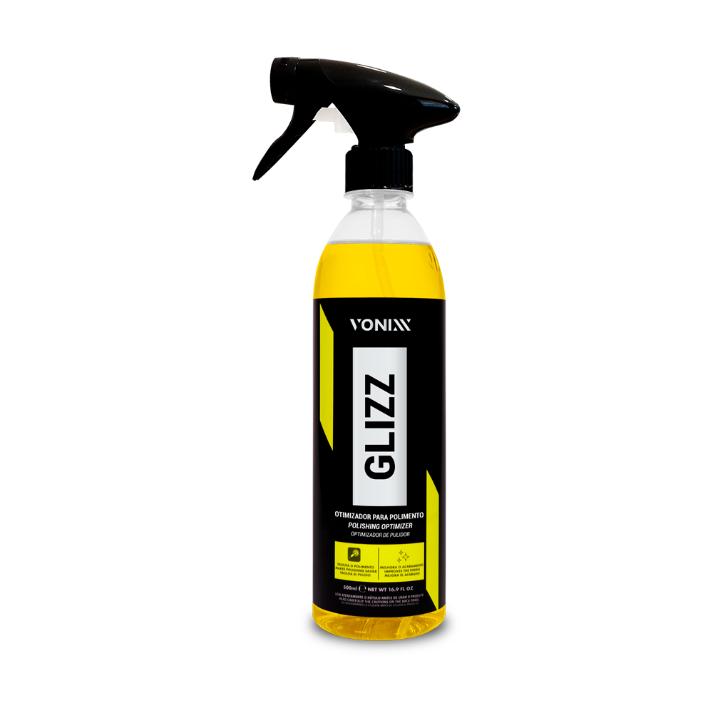 Frasco spray com líquido amarelo e rótulo preto e amarelo GLIZZ