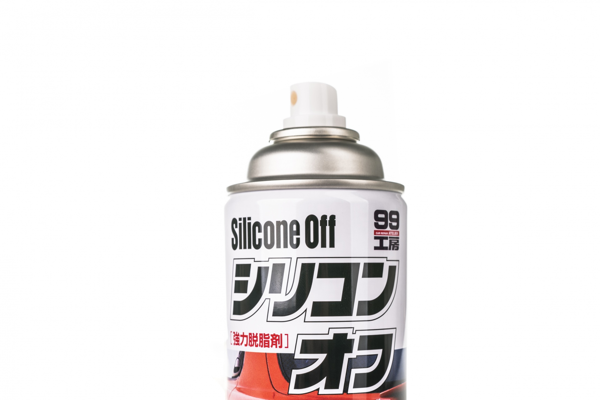 Spray aerosol Silicone Off com texto em inglês e japonês, rótulo branco, preto e vermelho