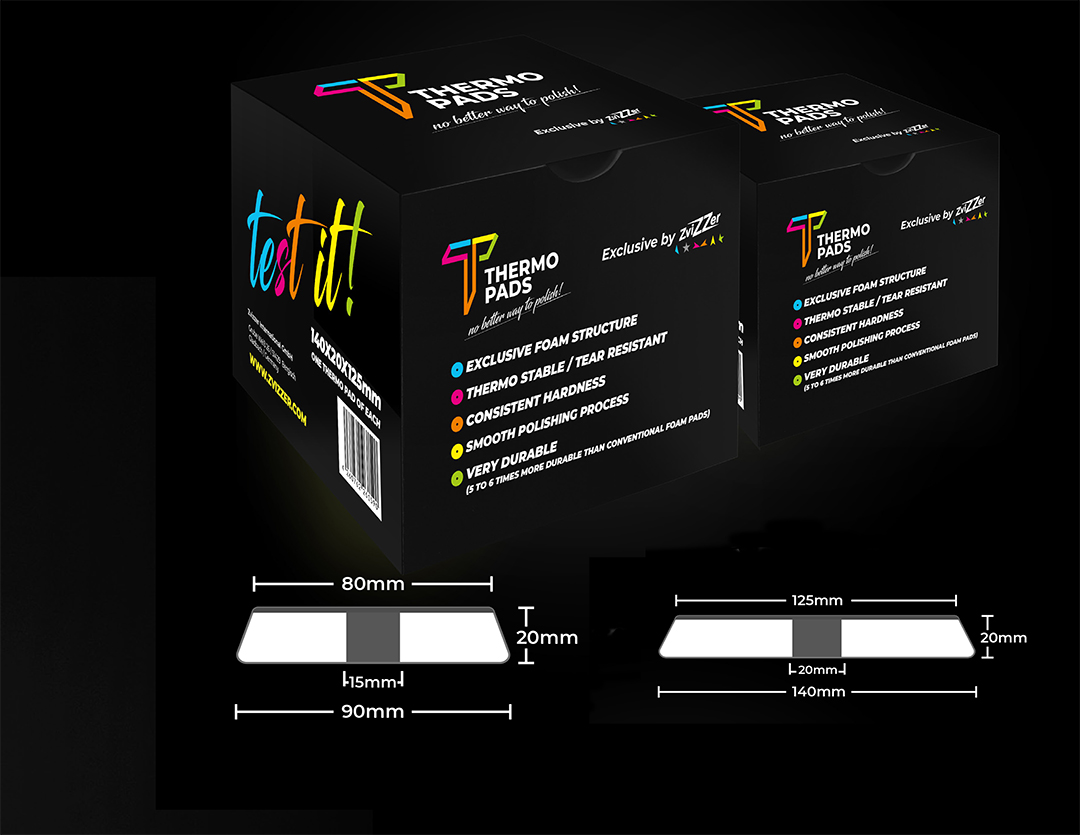 Embalagem preta de Thermo Pads com texto colorido e medidas técnicas em fundo negro