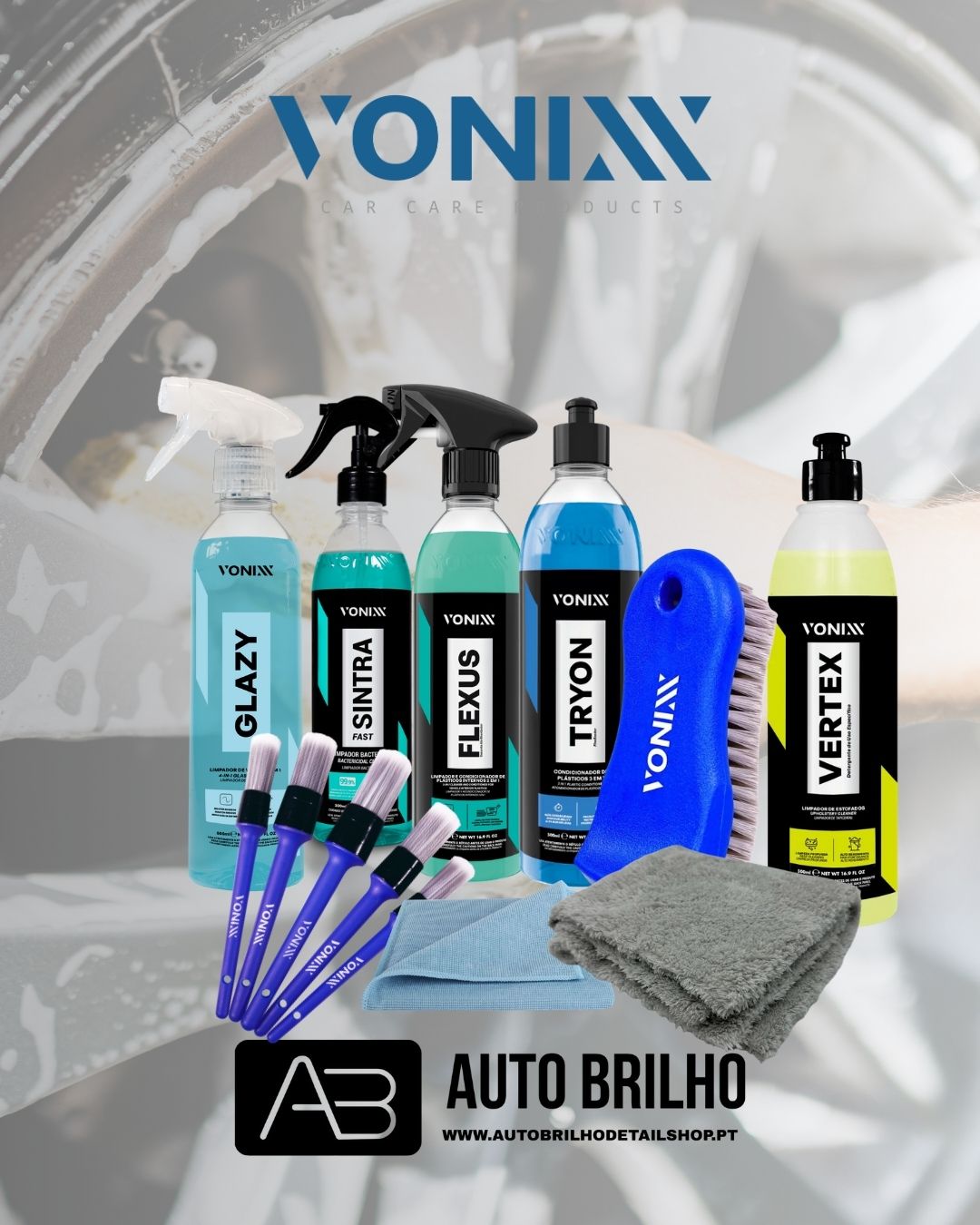 Kit de produtos de limpeza automóvel Vonixx com pincéis, panos e escova