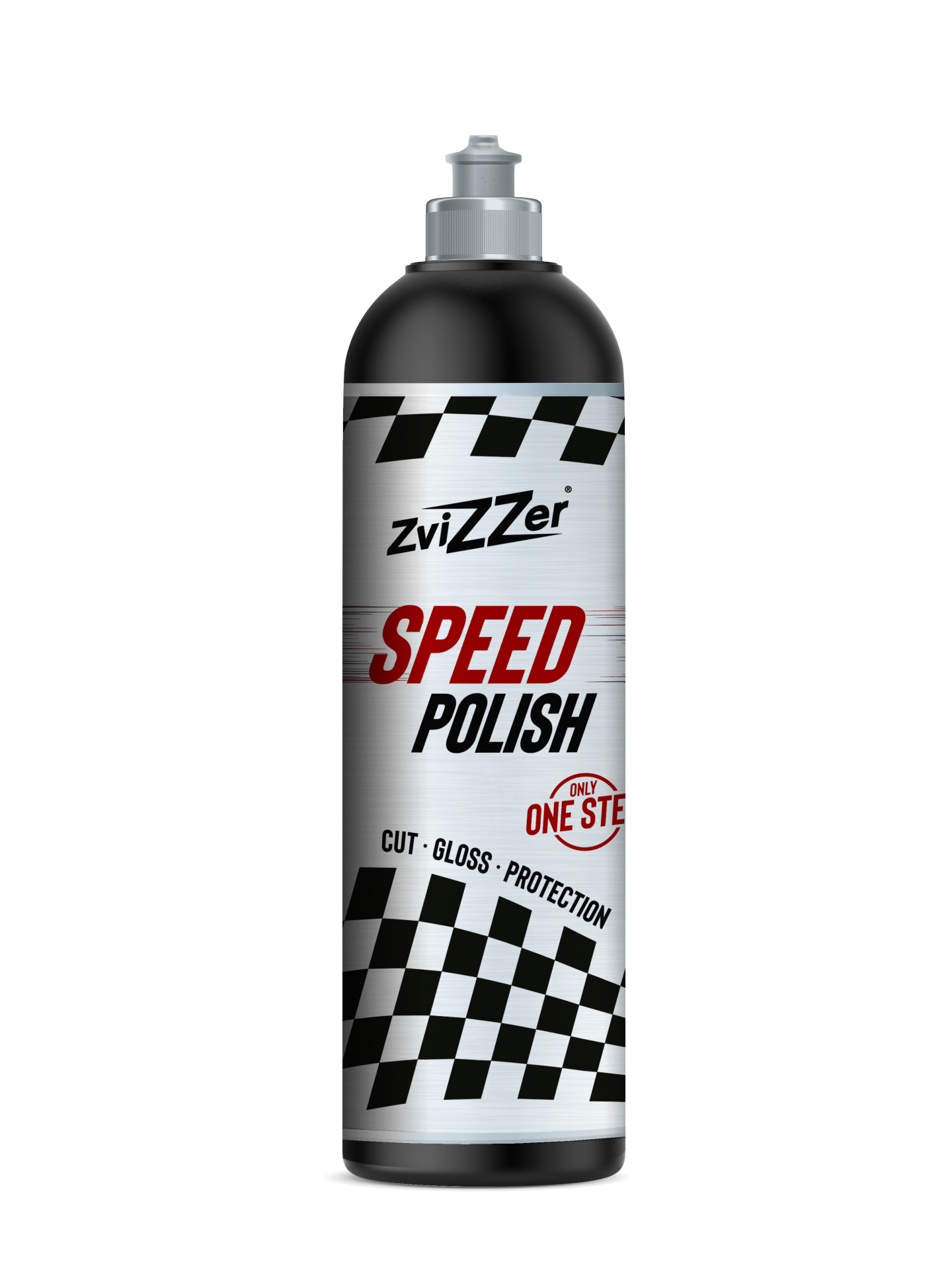 Frasco de polidor automóvel ZviZZer Speed Polish com rótulo xadrez preto e branco