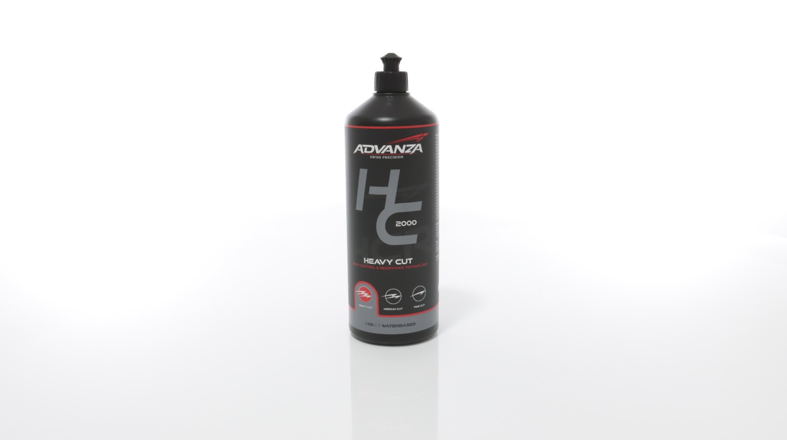 Frasco preto de produto polidor ADVANZA HC 2000 Heavy Cut