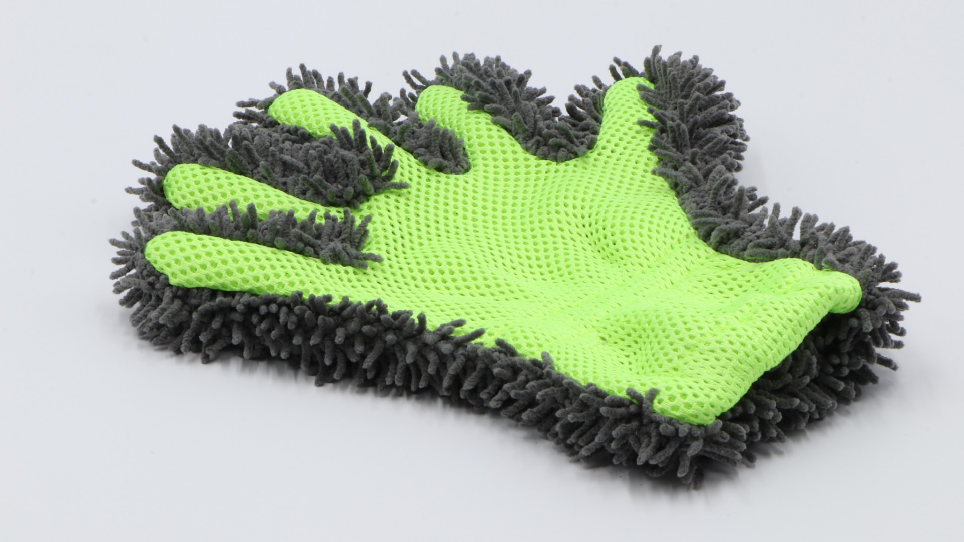 Luva de limpeza verde-lima com bordas cinzentas em textura chenille