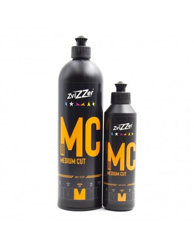 Duas garrafas pretas de produtos para polimento ZviZZer MC Medium Cut