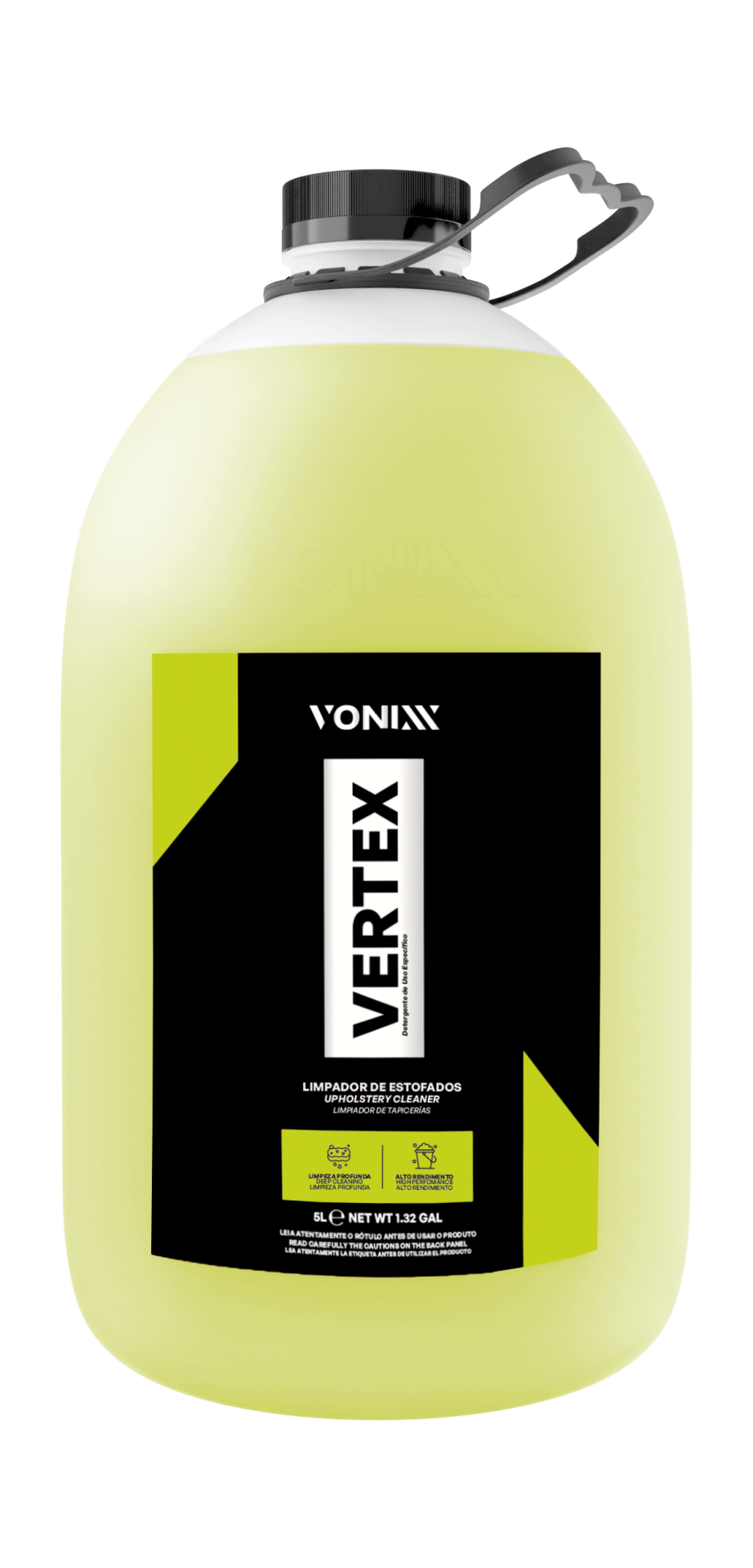 Garrafão amarelo claro com rótulo preto e verde VONIXX VERTEX limpador de estofados 5L