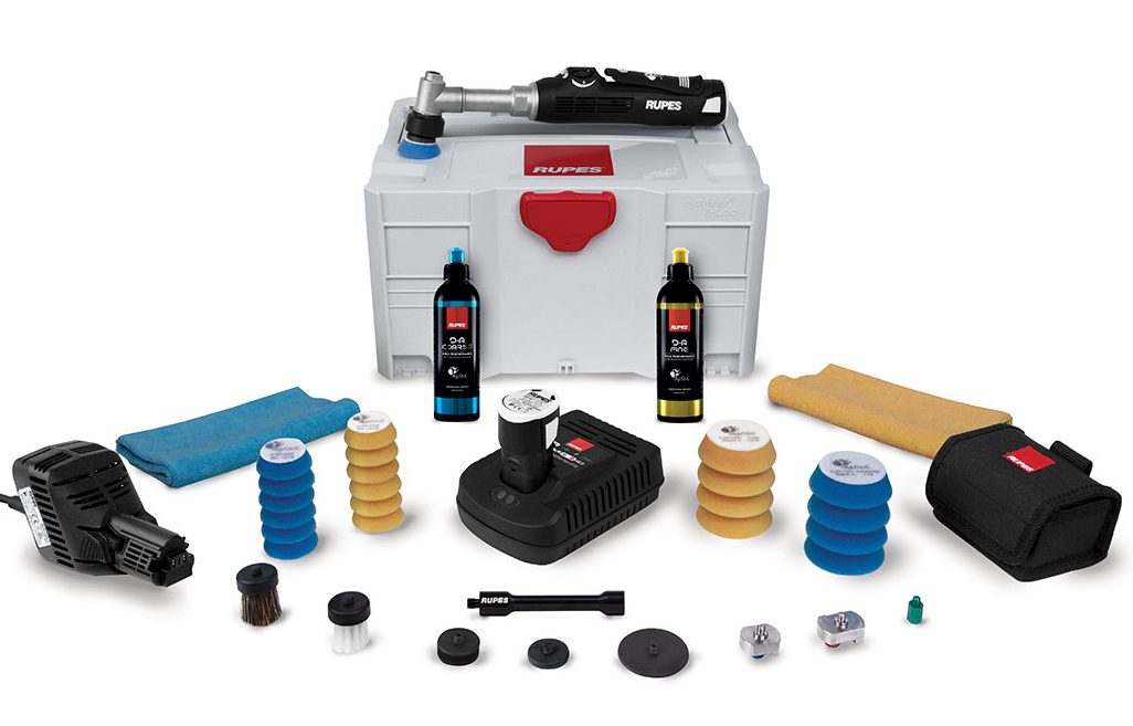 Conjunto de ferramentas para polimento com máquina elétrica, garrafas, esponjas e caixa branca