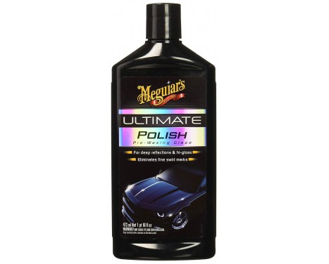 Frasco preto de Ultimate Polish da Meguiar's com rótulo holográfico e imagem de carro azul