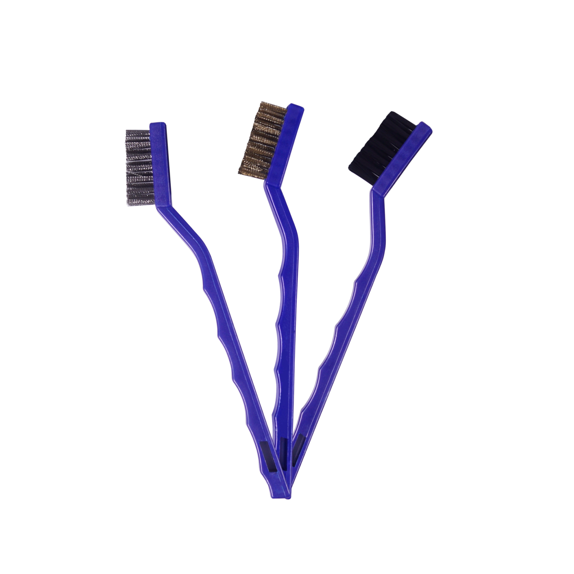 Três escovas de limpeza com cabos azuis e cerdas metálicas e pretas