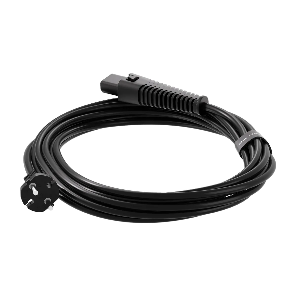 Cabo elétrico preto com ficha de três pinos e conector retangular.