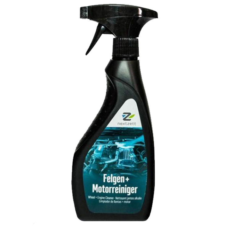 Frasco pulverizador preto de produto de limpeza para jantes e motor com rótulo azul e preto