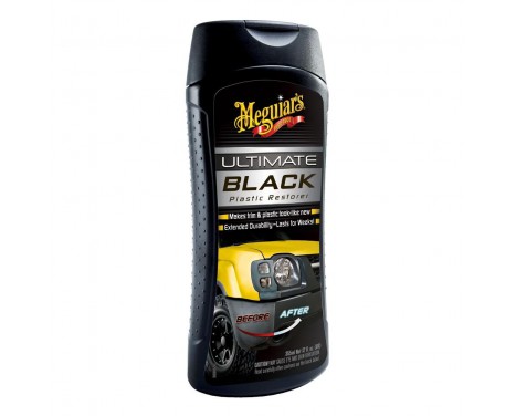 Frasco negro de Meguiar's Ultimate Black Plastic Restorer com rótulo preto e amarelo