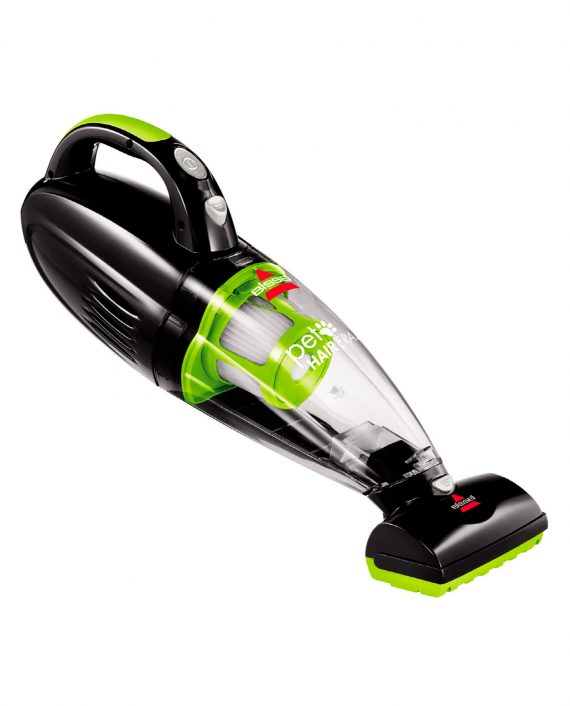 aspirador de pó portátil preto e verde com texto Pet HAIR