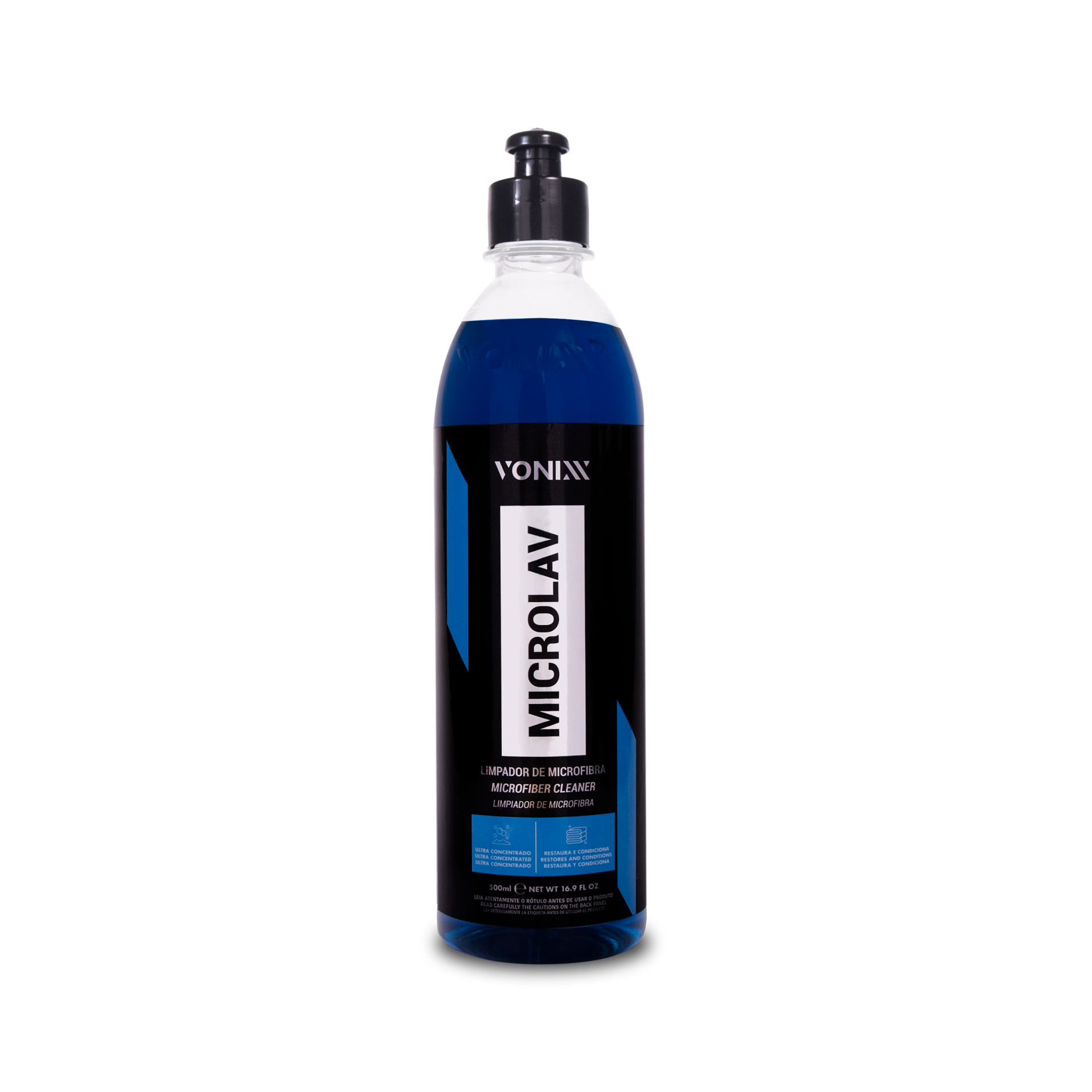 Frasco plástico com líquido azul e etiqueta Microlav da Vonixx