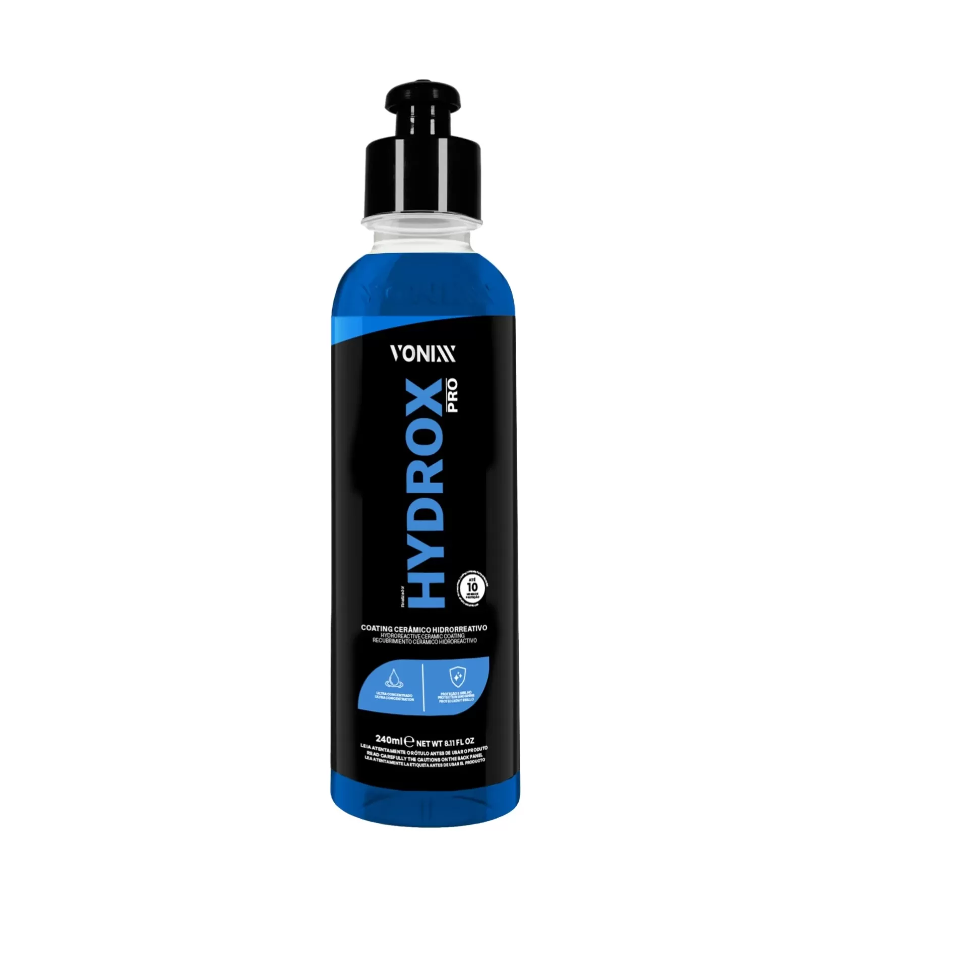 Frasco de líquido azul VONIXX HYDROX PRO com tampa preta e rótulo preto e azul