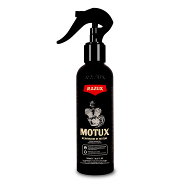 Frasco preto com pulverizador do renovador de motor MOTUX da marca RAZUX