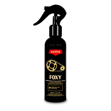 Frasco spray lubrificante FOXY da marca RAZUX preto com texto dourado e vermelho
