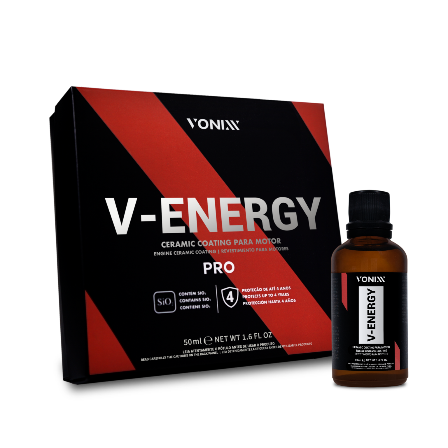 Produto V-ENERGY PRO da VONIXX, revestimento cerâmico para motor, embalagem preta e vermelha e frasco âmbar