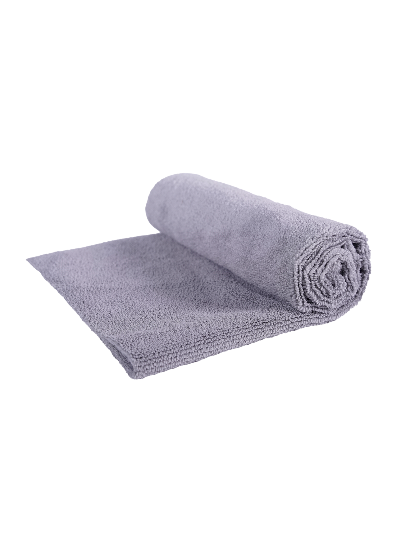 Toalha de microfibra cinzenta enrolada e parcialmente estendida