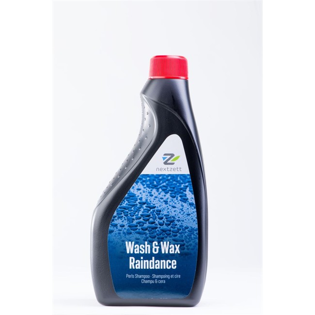 Frasco preto com tampa vermelha e rótulo azul de produto Wash & Wax Raindance
