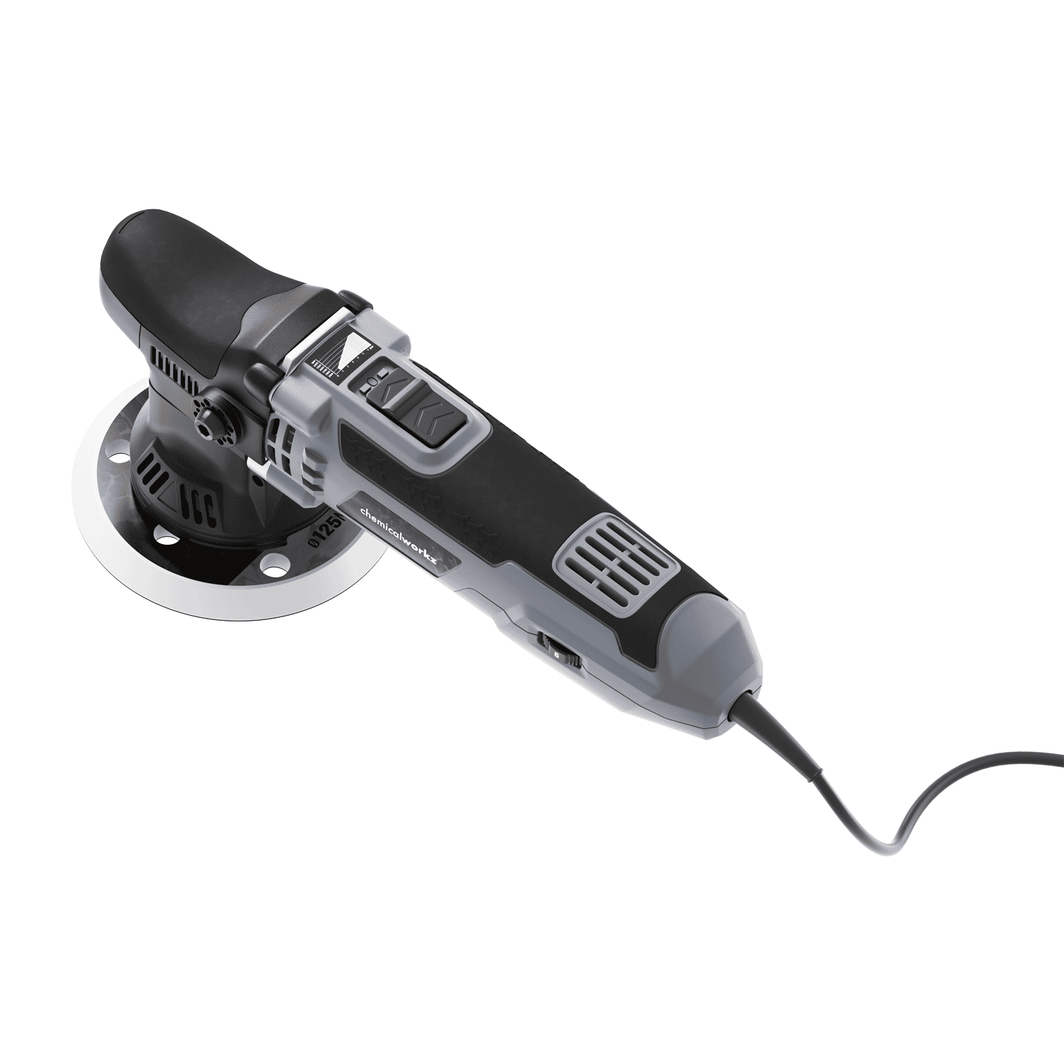 Politriz elétrica portátil cinzenta e preta com cabo e disco de polimento