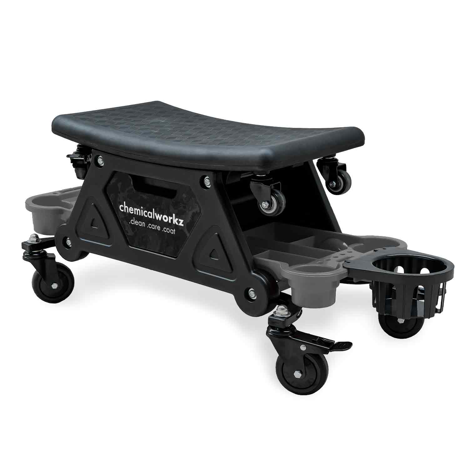 Banco de trabalho com rodas, assento preto e suporte cinza para ferramentas