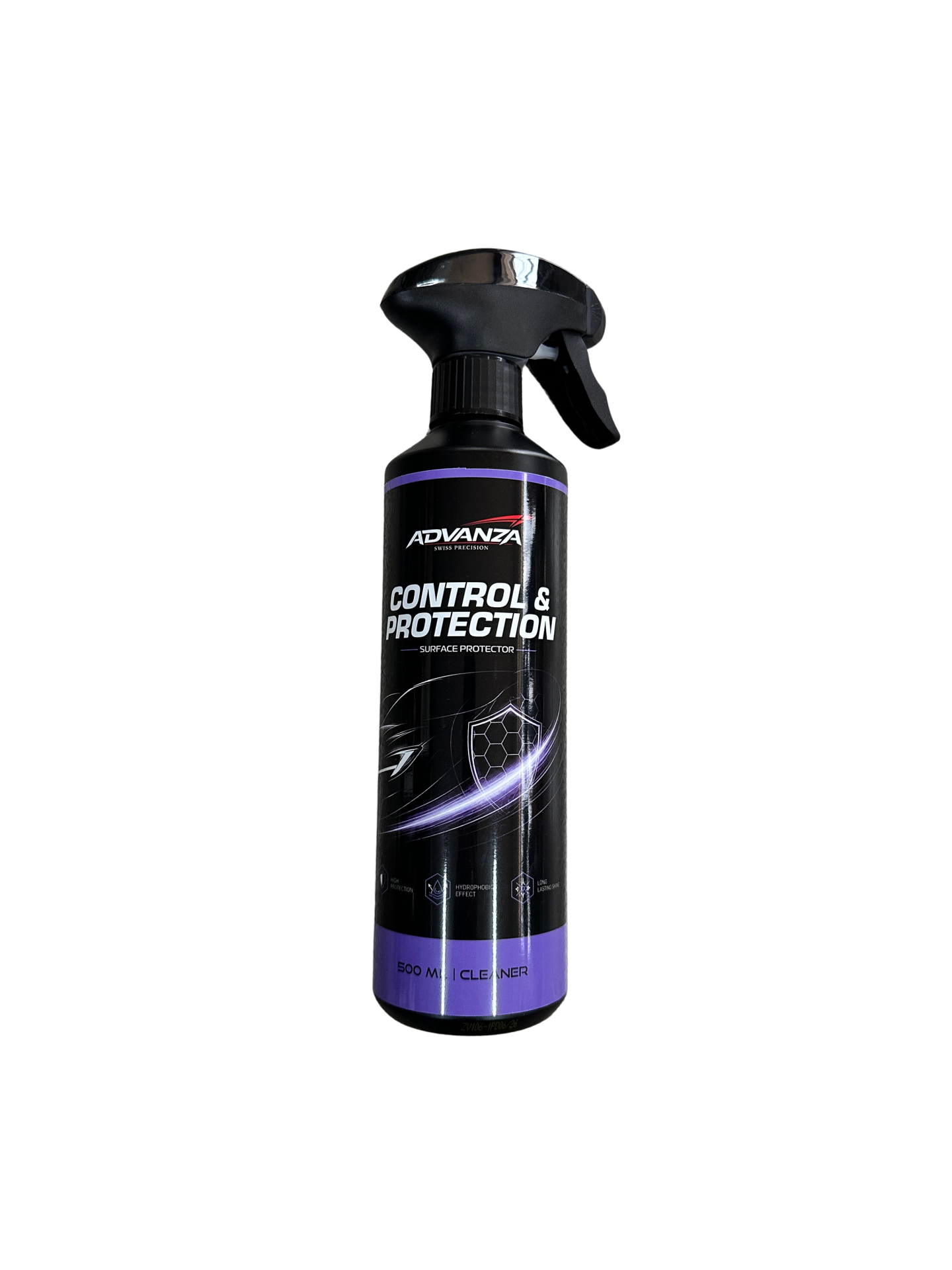 Frasco spray preto e roxo com etiqueta com texto branco e roxo