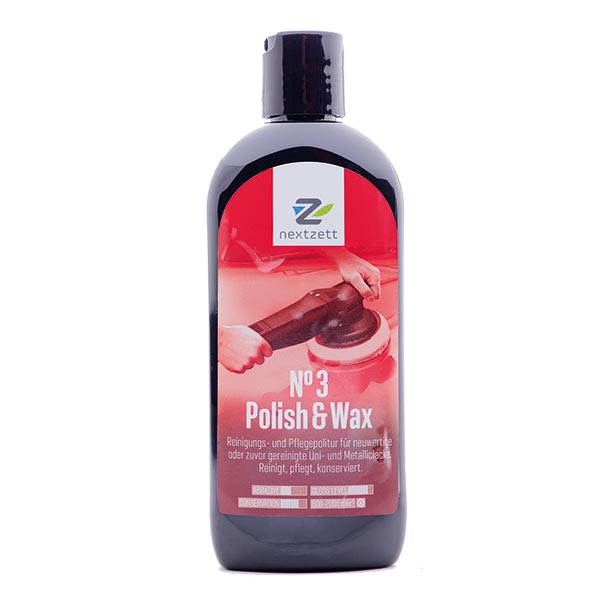Frasco preto de Polish & Wax da nextzett com rótulo vermelho e imagem de polimento