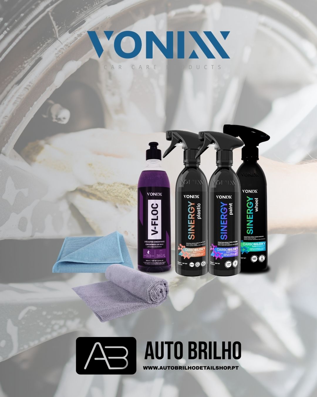 Produtos VONIXX para cuidados de carros com panos e logotipo AUTO BRILHO
