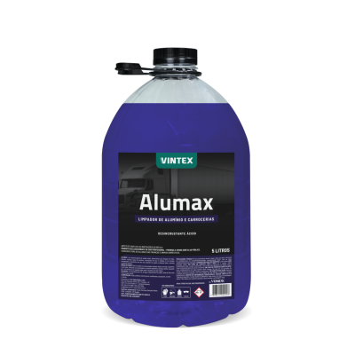 Garrafão de plástico com líquido azul e rótulo preto VINTEX Alumax