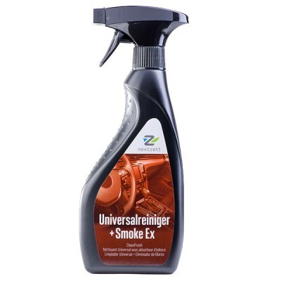 Frasco spray preto de produto de limpeza universal com rótulo alaranjado e texto Universalreiniger + Smoke Ex
