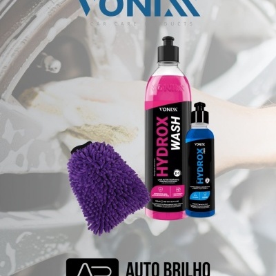 Produtos Vonixx Hydrox Wash e Hydrox Pro com luva roxa para limpeza de automóveis