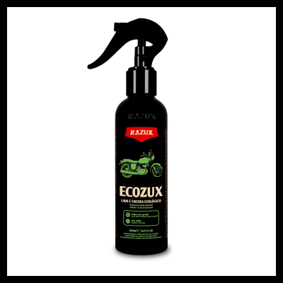 Frasco preto com pulverizador, rótulo com mota verde e texto RAZUX ECOZUX
