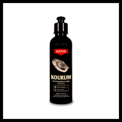 Frasco preto com dispenser do produto KOURUM RAZUX revitalizador de couro