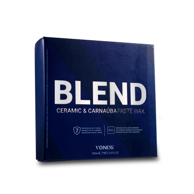 Caixa azul escura de verniz em pasta Blend com texto branco.