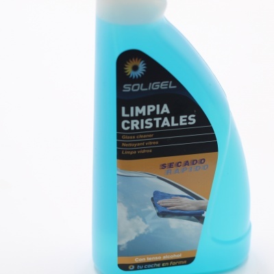 Frasco azul de limpa cristais Soligel com rótulo e tampa branca
