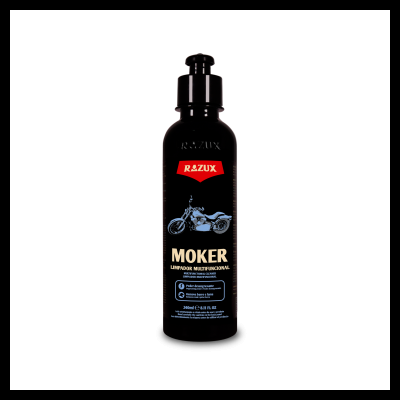 Frasco preto de limpador multifuncional MOKER da marca RAZUX com imagem de mota azul