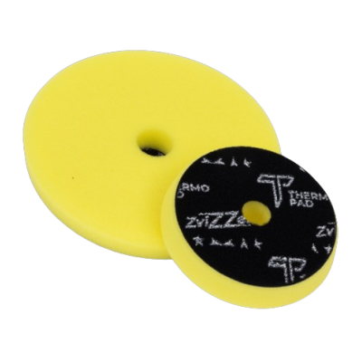 Discos redondos em espuma amarelo e preto com textos THERMO PAD, PRMO, ZYZZYZX
