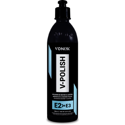 Frasco preto V-POLISH VONIXX com tampa doseadora e texto E2>>E3