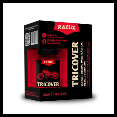 Frasco de produto TRICOVER da marca RAZUX em embalagem preta e vermelha