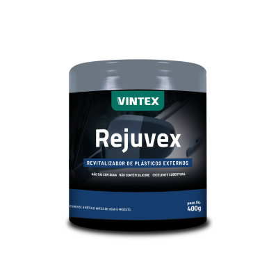 Recipiente de plástico preto com tampa cinzenta contendo produto Rejuvex da marca VINTEX