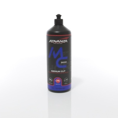Frasco preto de produto ADVANZA ML 3000 Medium Cut com texto e selo