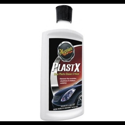 Frasco branco de Meguiar's PLASTX Clear Plastic Cleaner & Polish com tampa preta e etiqueta com carro
