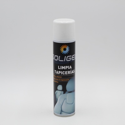 Spray de limpeza SOLIGE para estofos automóveis com embalagem preta e tampa branca