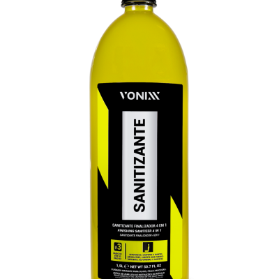 Frasco amarelo de sanitizante VONIXX com rótulo preto e branco