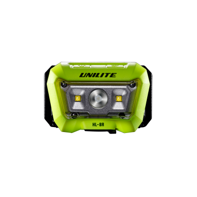 Lanterna de cabeça verde fluorescente com LEDs e texto UNILITE HL-8R