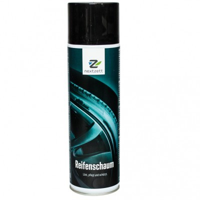 Spray de espuma para pneus nextzett com etiqueta preta e azul e tampa preta