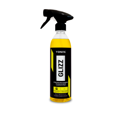 Frasco spray com líquido amarelo e rótulo preto e amarelo GLIZZ